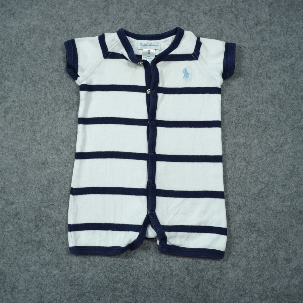 Ralph Lauren Baby Boys 6 Month Navy White Striped Romper Short Sleeve Snap Front